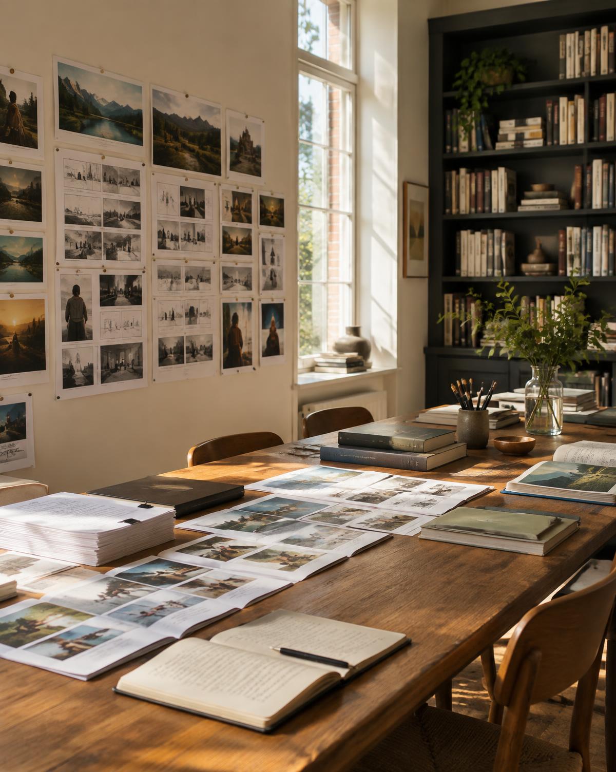 A creative development studio with manuscripts and storyboards